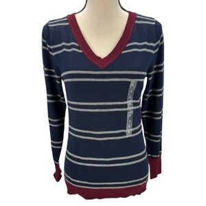 Hippie Rose Long Sleeve V-Neck Striped Sweater - Navy Blue Grey Maroon - Large
